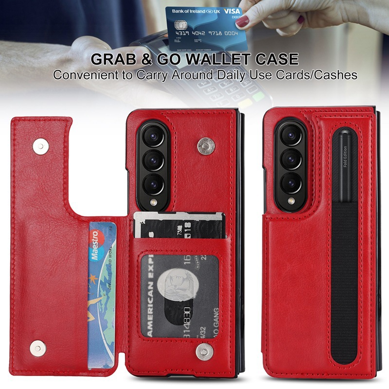 Compatible with Samsung Z Fold7/6/5 phone case, 4/3-inch double-buckle card slot pen case folding stand drop-proof protective case