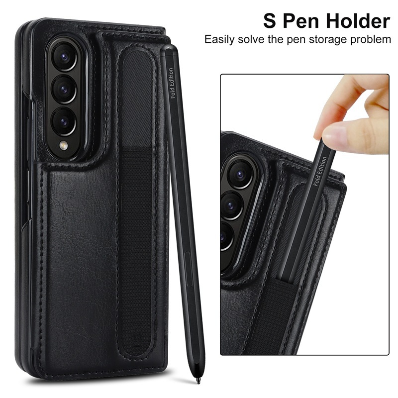 Compatible with Samsung Z Fold7/6/5 phone case, 4/3-inch double-buckle card slot pen case folding stand drop-proof protective case