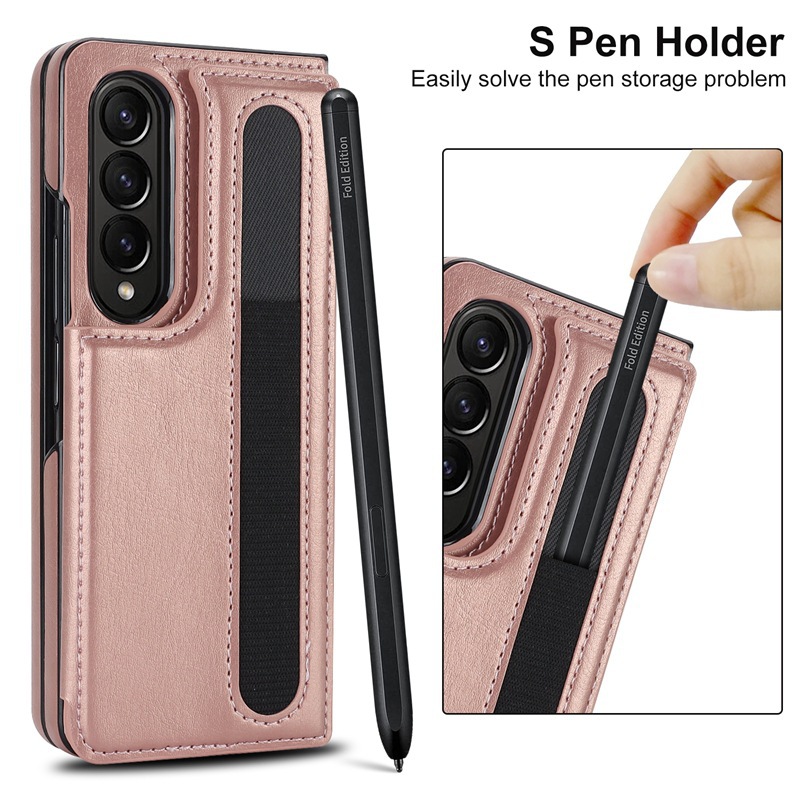 Compatible with Samsung Z Fold7/6/5 phone case, 4/3-inch double-buckle card slot pen case folding stand drop-proof protective case
