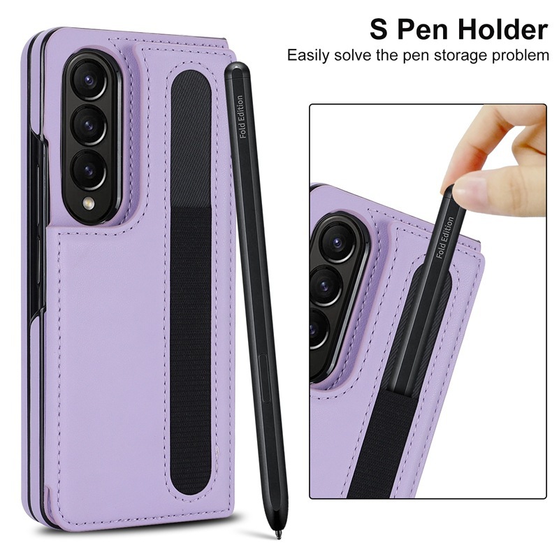 Compatible with Samsung Z Fold7/6/5 phone case, 4/3-inch double-buckle card slot pen case folding stand drop-proof protective case