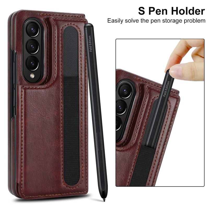 Compatible with Samsung Z Fold7/6/5 phone case, 4/3-inch double-buckle card slot pen case folding stand drop-proof protective case