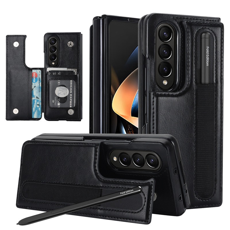 Compatible with Samsung Z Fold7/6/5 phone case, 4/3-inch double-buckle card slot pen case folding stand drop-proof protective case