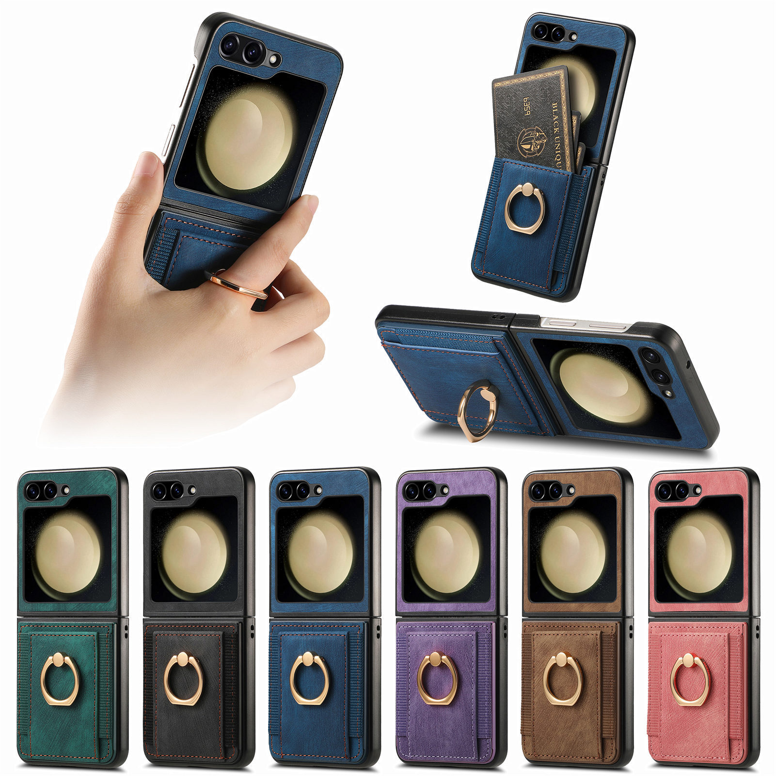 Compatible with Samsung Z Flip 8/7 phone case, 6/5 SIM card holder, ring holder, vegan leather, 4/3 shockproof protective case