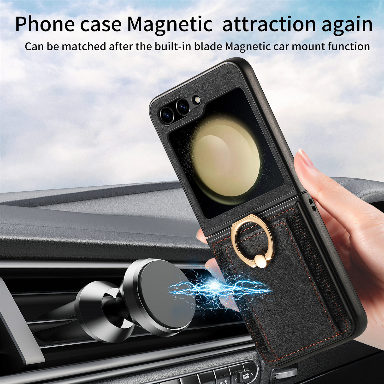 Compatible with Samsung Z Flip 8/7 phone case, 6/5 SIM card holder, ring holder, vegan leather, 4/3 shockproof protective case