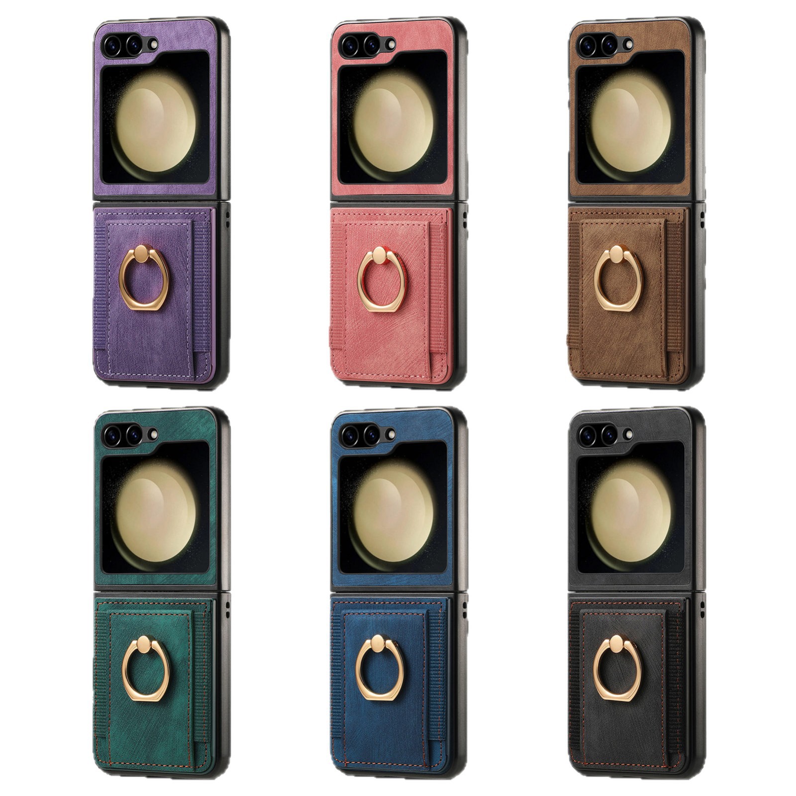 Compatible with Samsung Z Flip 8/7 phone case, 6/5 SIM card holder, ring holder, vegan leather, 4/3 shockproof protective case