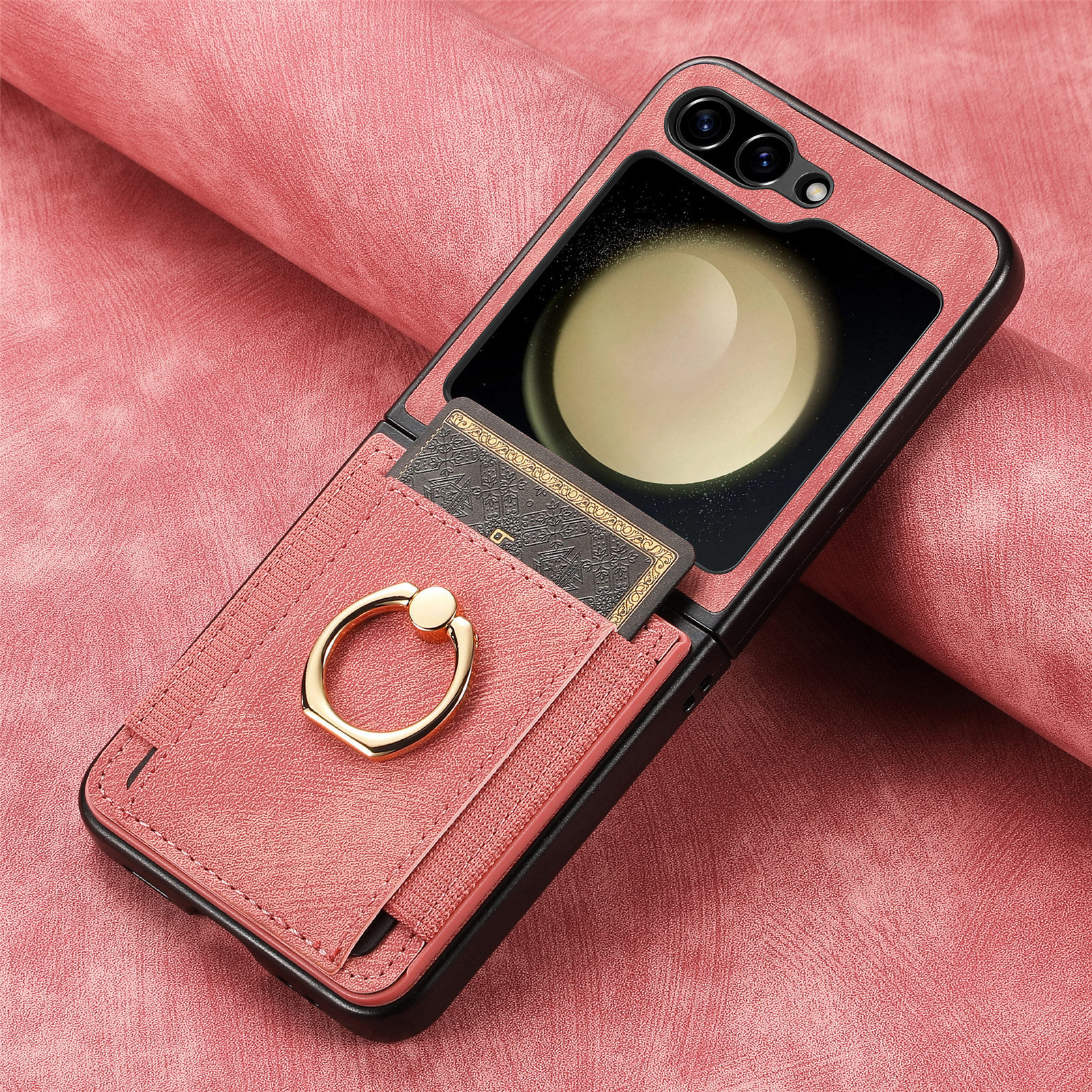 Compatible with Samsung Z Flip 8/7 phone case, 6/5 SIM card holder, ring holder, vegan leather, 4/3 shockproof protective case