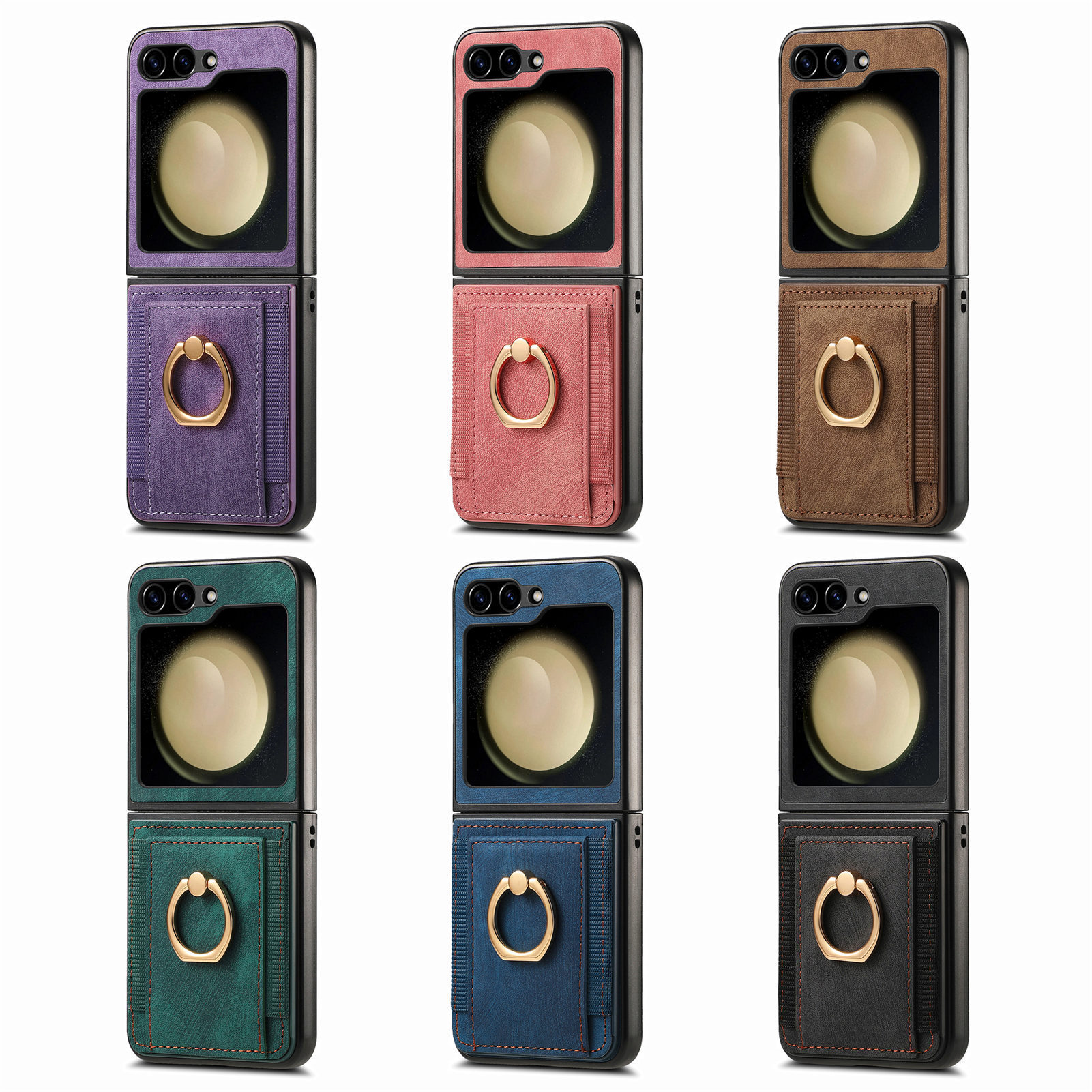 Compatible with Samsung Z Flip 8/7 phone case, 6/5 SIM card holder, ring holder, vegan leather, 4/3 shockproof protective case