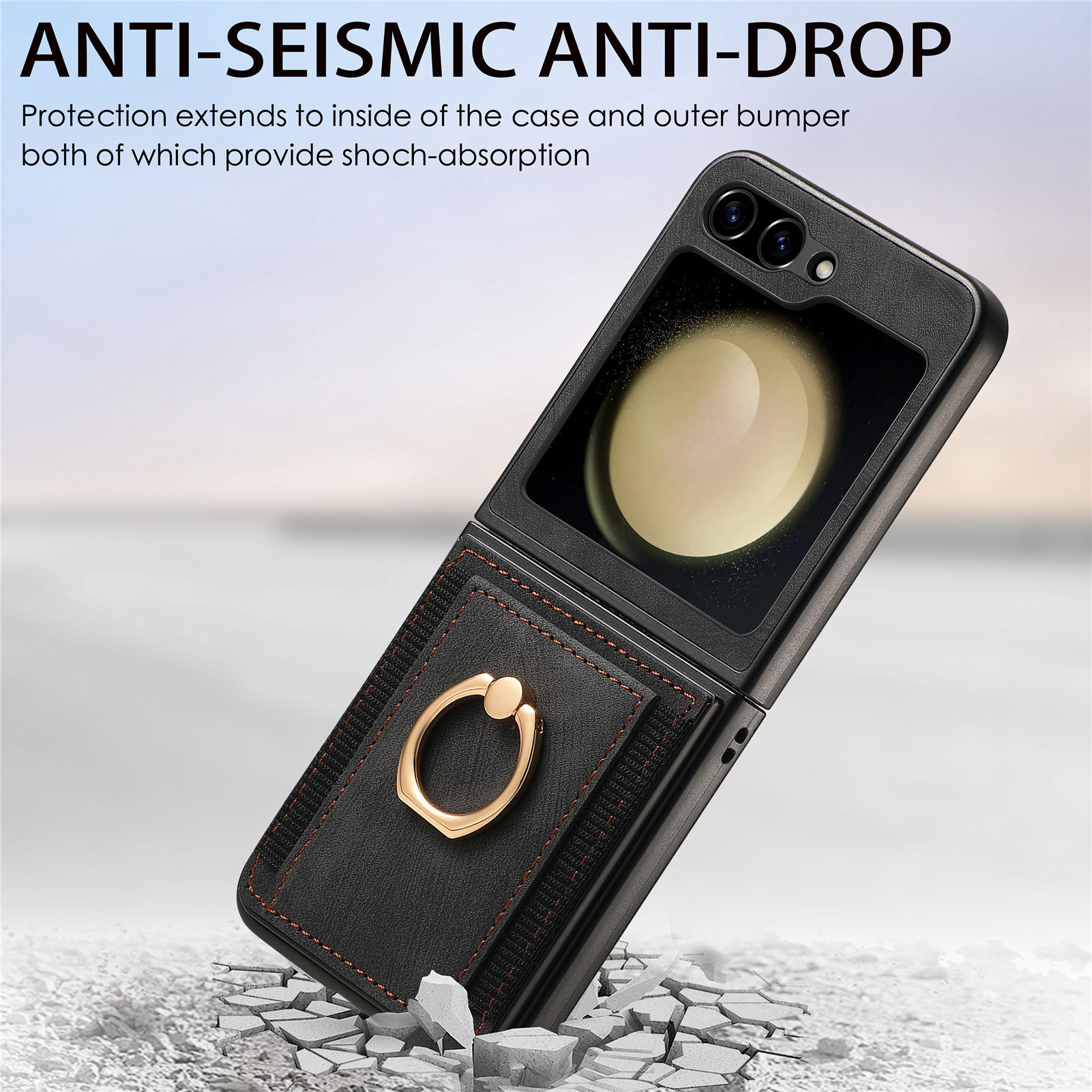 Compatible with Samsung Z Flip 8/7 phone case, 6/5 SIM card holder, ring holder, vegan leather, 4/3 shockproof protective case