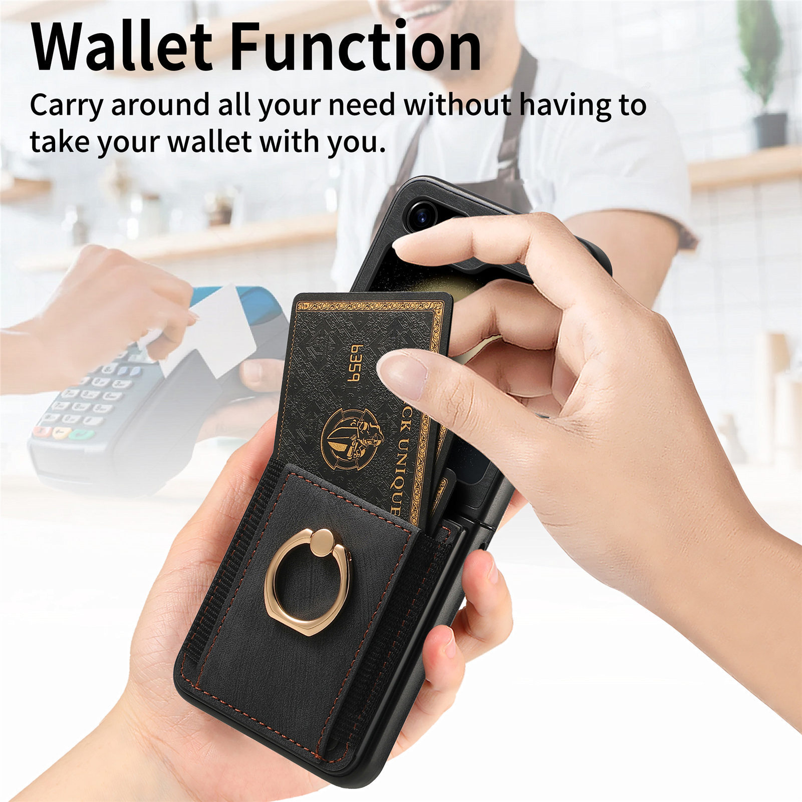 Compatible with Samsung Z Flip 8/7 phone case, 6/5 SIM card holder, ring holder, vegan leather, 4/3 shockproof protective case