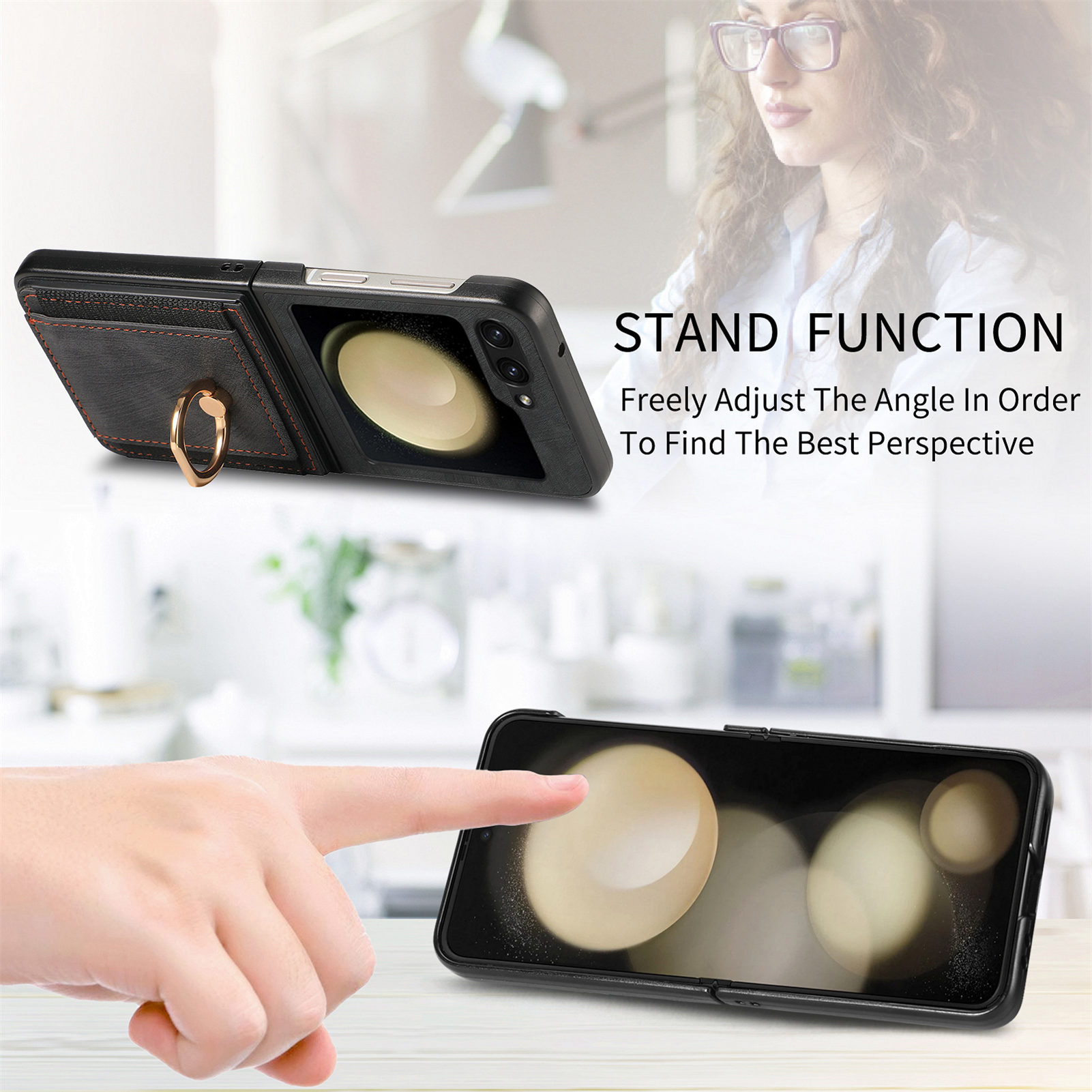Compatible with Samsung Z Flip 8/7 phone case, 6/5 SIM card holder, ring holder, vegan leather, 4/3 shockproof protective case