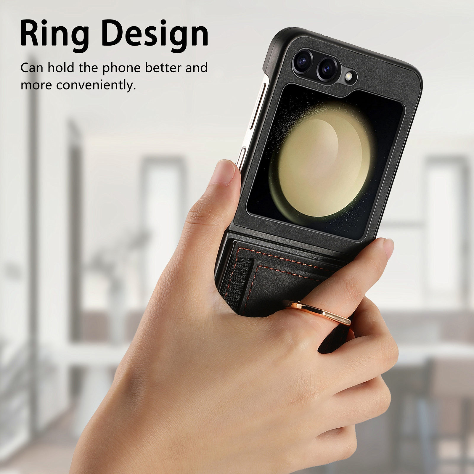 Compatible with Samsung Z Flip 8/7 phone case, 6/5 SIM card holder, ring holder, vegan leather, 4/3 shockproof protective case