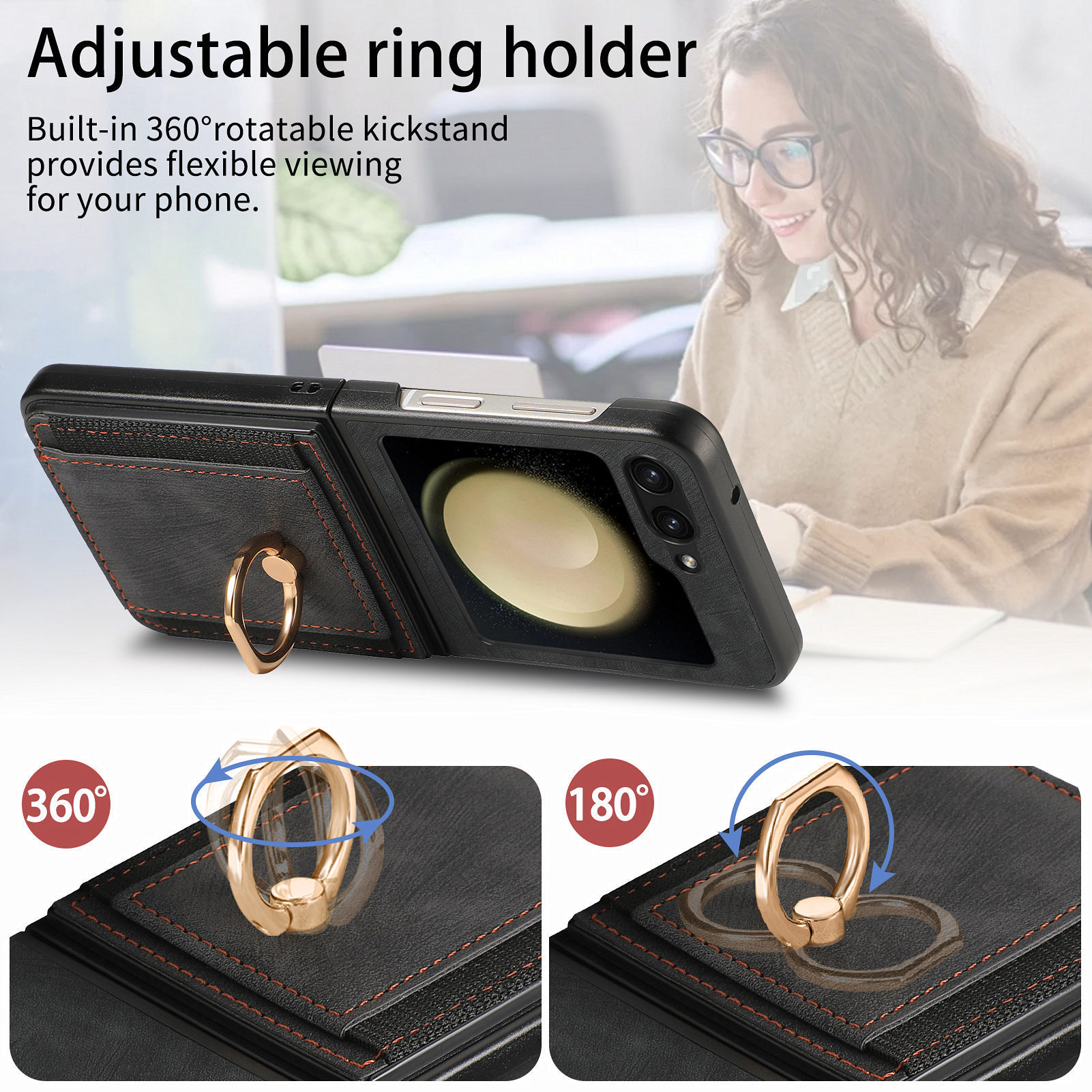 Compatible with Samsung Z Flip 8/7 phone case, 6/5 SIM card holder, ring holder, vegan leather, 4/3 shockproof protective case