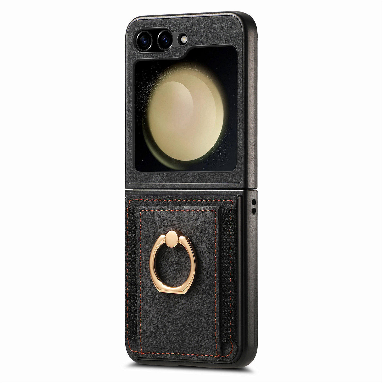 Compatible with Samsung Z Flip 8/7 phone case, 6/5 SIM card holder, ring holder, vegan leather, 4/3 shockproof protective case