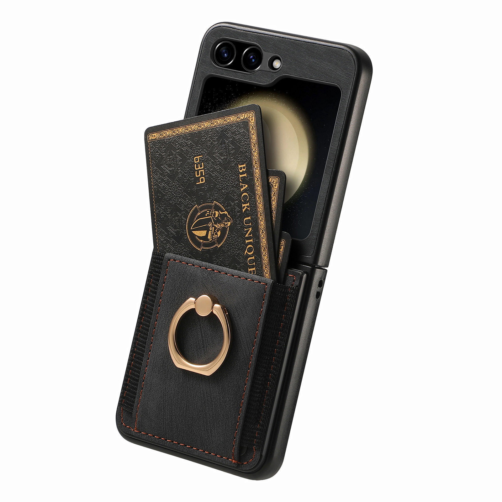 Compatible with Samsung Z Flip 8/7 phone case, 6/5 SIM card holder, ring holder, vegan leather, 4/3 shockproof protective case