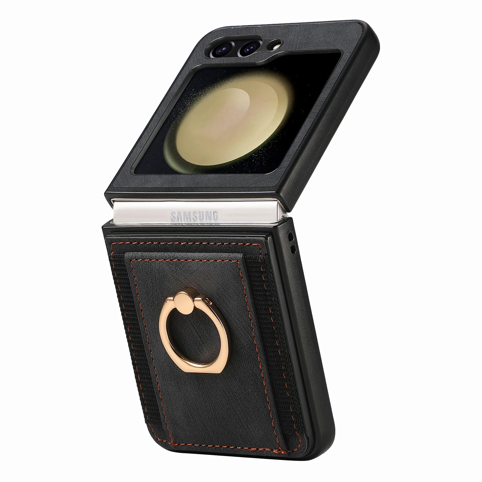 Compatible with Samsung Z Flip 8/7 phone case, 6/5 SIM card holder, ring holder, vegan leather, 4/3 shockproof protective case