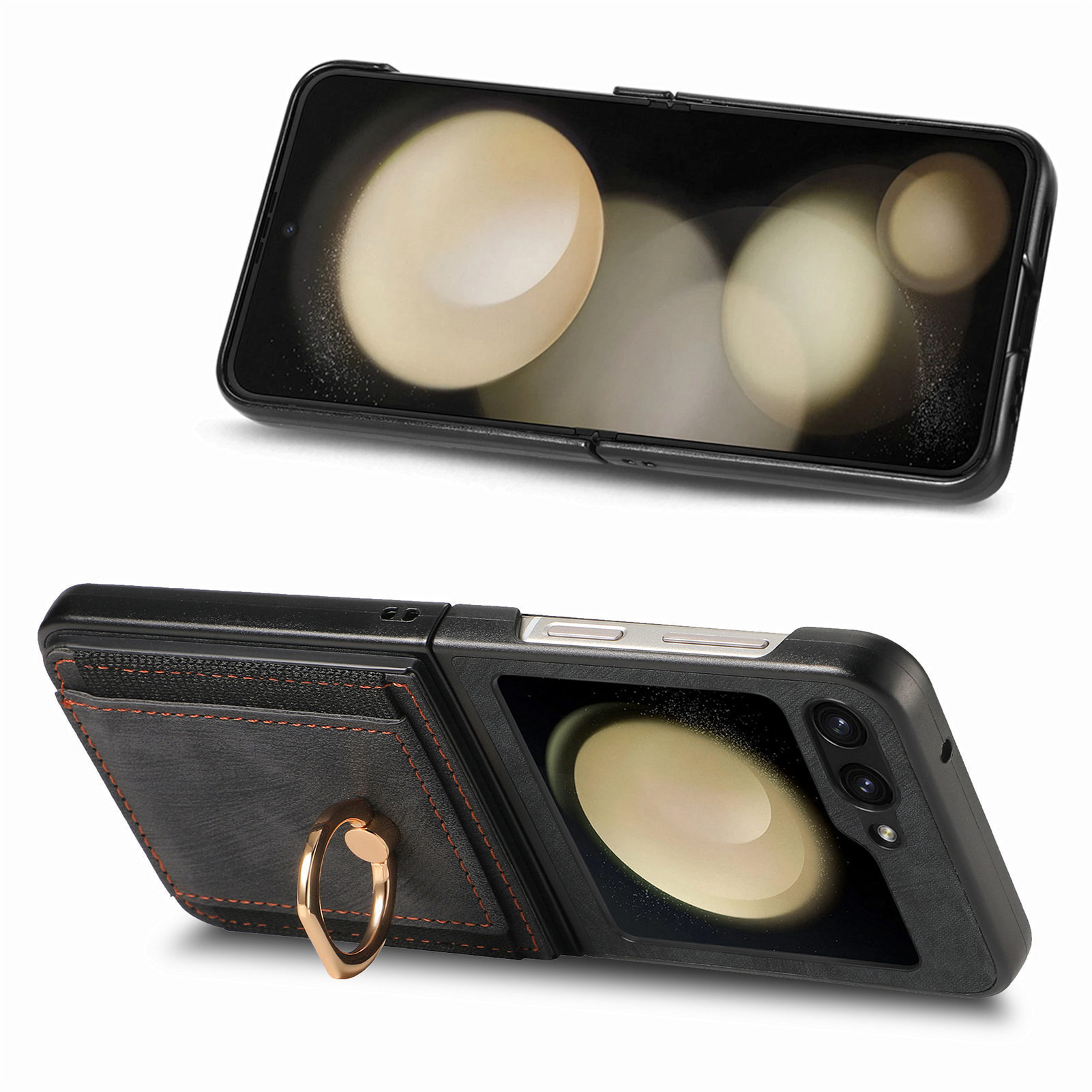 Compatible with Samsung Z Flip 8/7 phone case, 6/5 SIM card holder, ring holder, vegan leather, 4/3 shockproof protective case