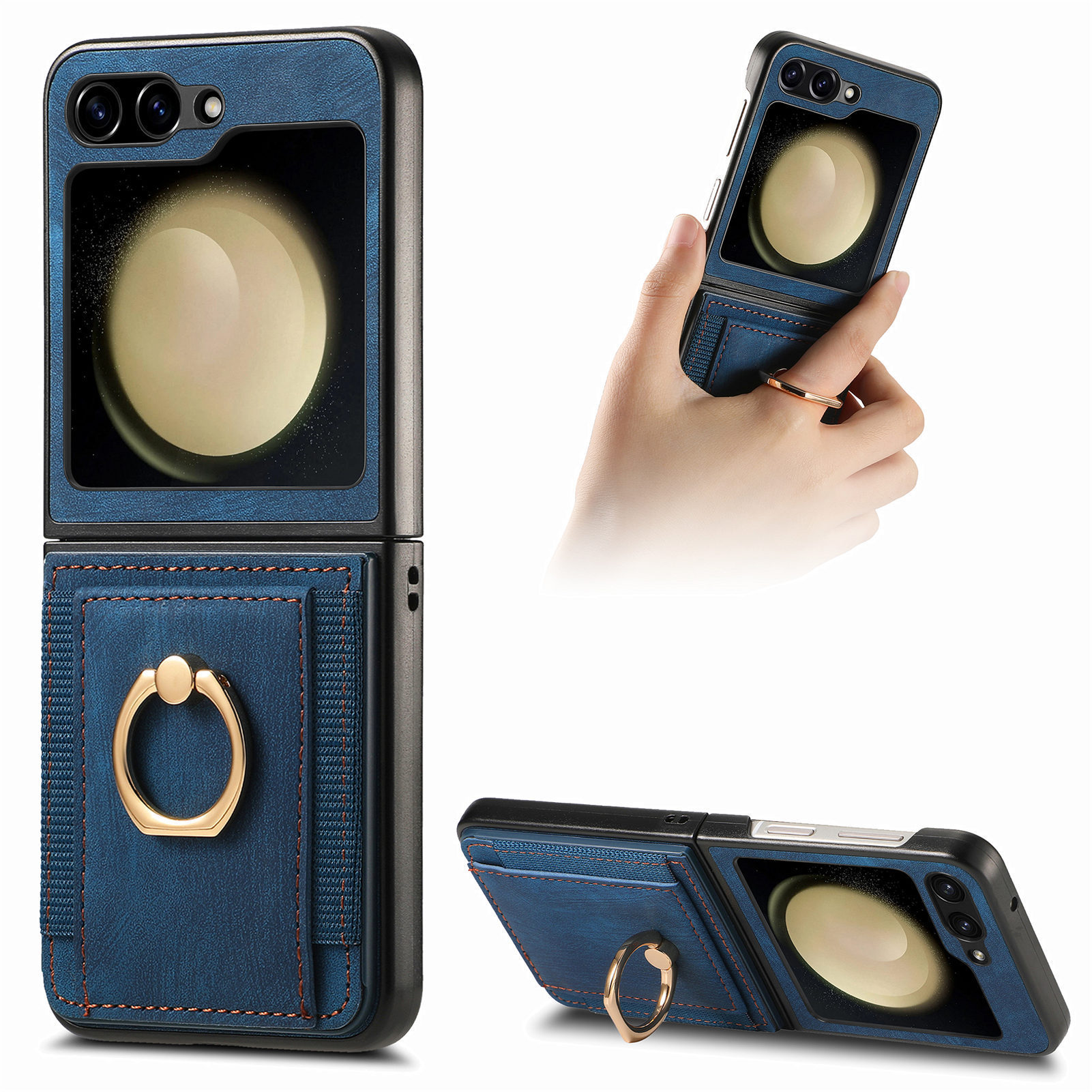 Compatible with Samsung Z Flip 8/7 phone case, 6/5 SIM card holder, ring holder, vegan leather, 4/3 shockproof protective case