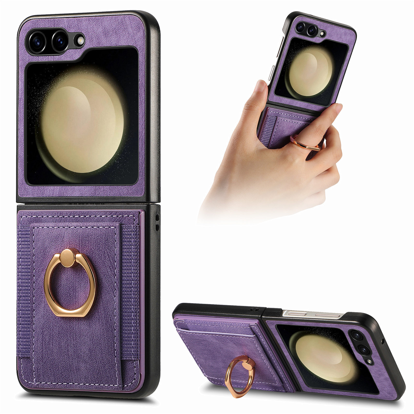 Compatible with Samsung Z Flip 8/7 phone case, 6/5 SIM card holder, ring holder, vegan leather, 4/3 shockproof protective case