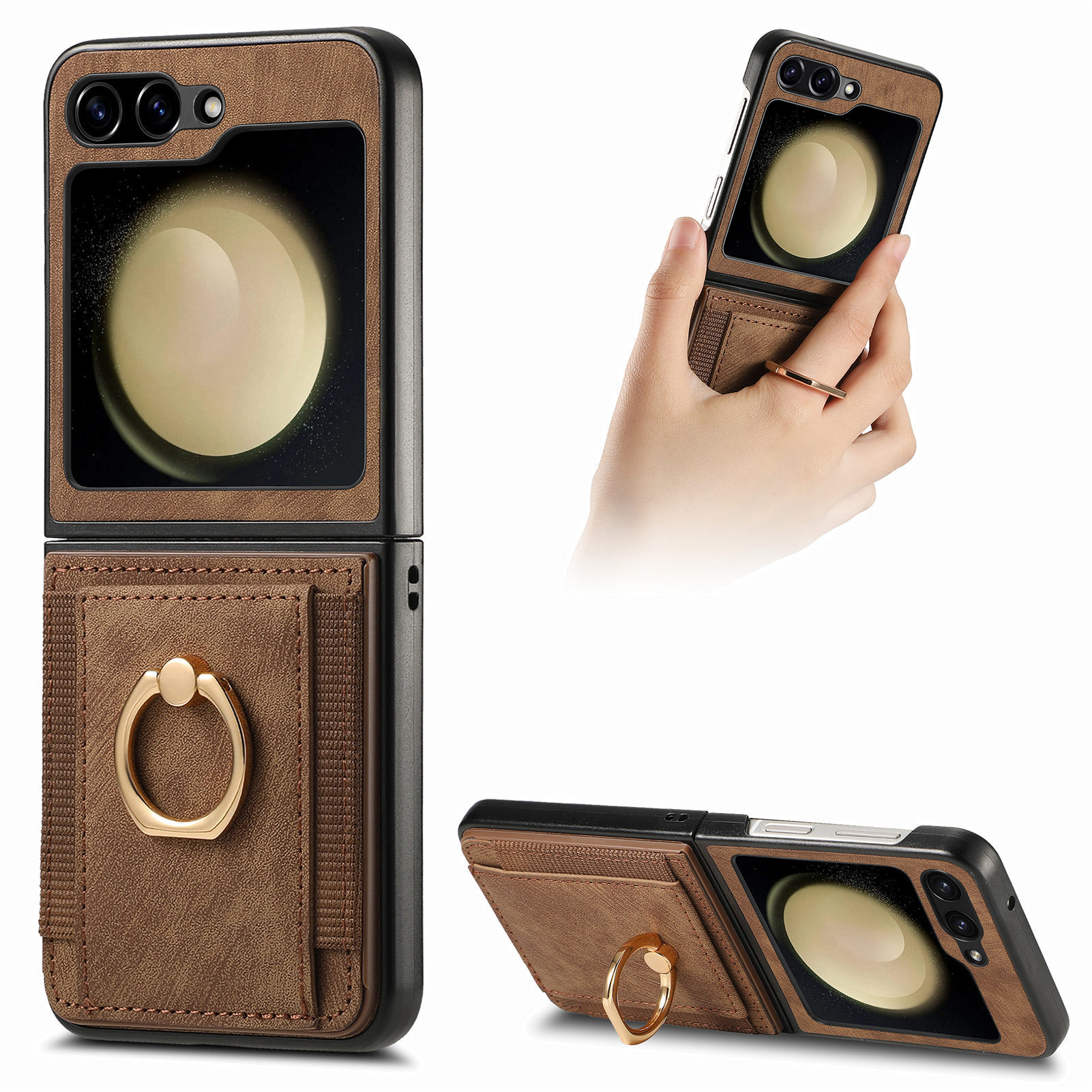 Compatible with Samsung Z Flip 8/7 phone case, 6/5 SIM card holder, ring holder, vegan leather, 4/3 shockproof protective case