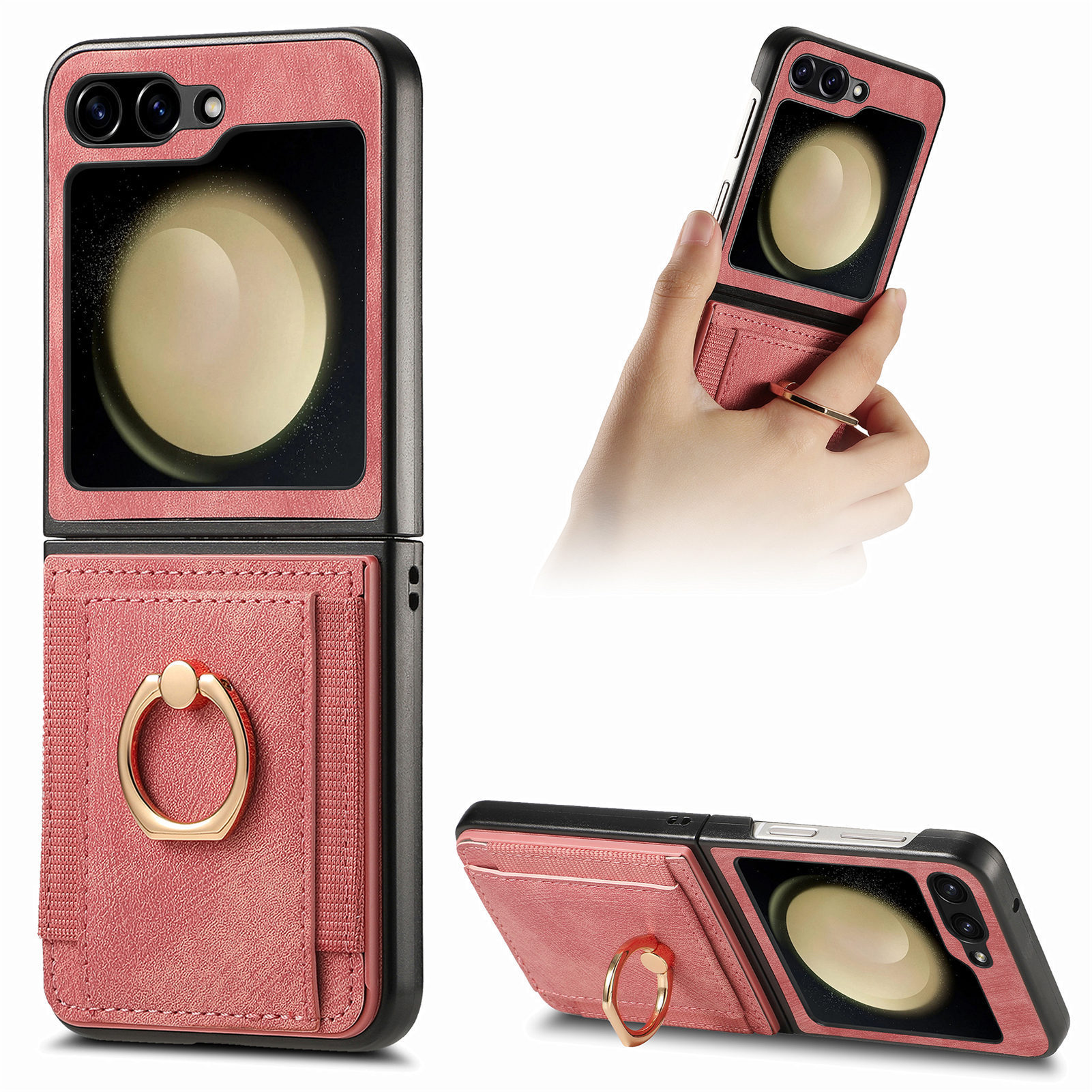 Compatible with Samsung Z Flip 8/7 phone case, 6/5 SIM card holder, ring holder, vegan leather, 4/3 shockproof protective case