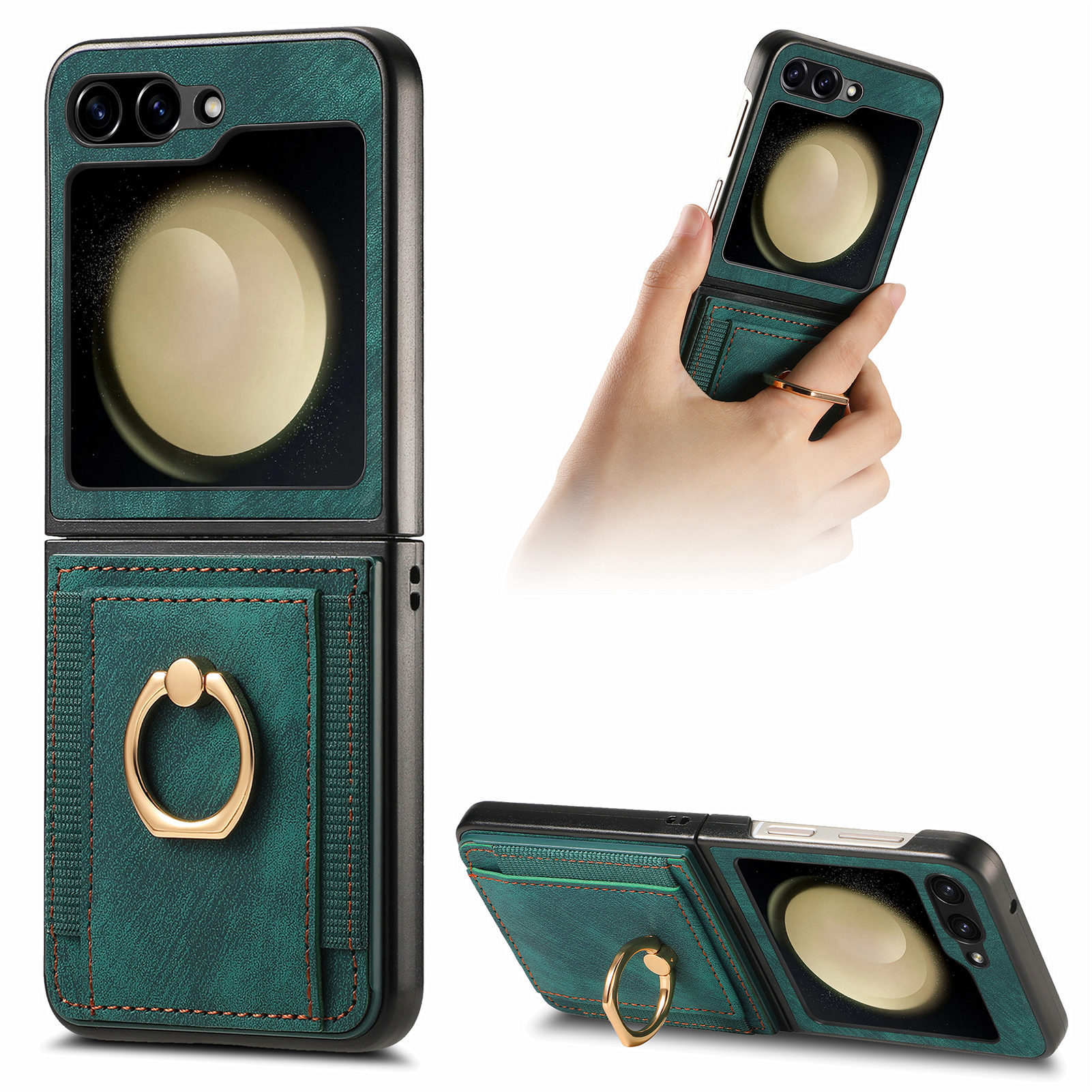 Compatible with Samsung Z Flip 8/7 phone case, 6/5 SIM card holder, ring holder, vegan leather, 4/3 shockproof protective case