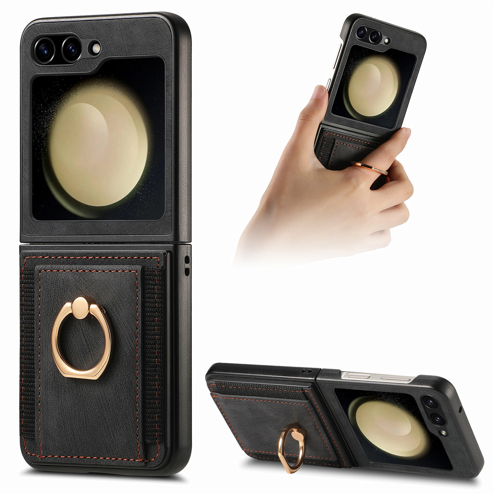 Compatible with Samsung Z Flip 8/7 phone case, 6/5 SIM card holder, ring holder, vegan leather, 4/3 shockproof protective case