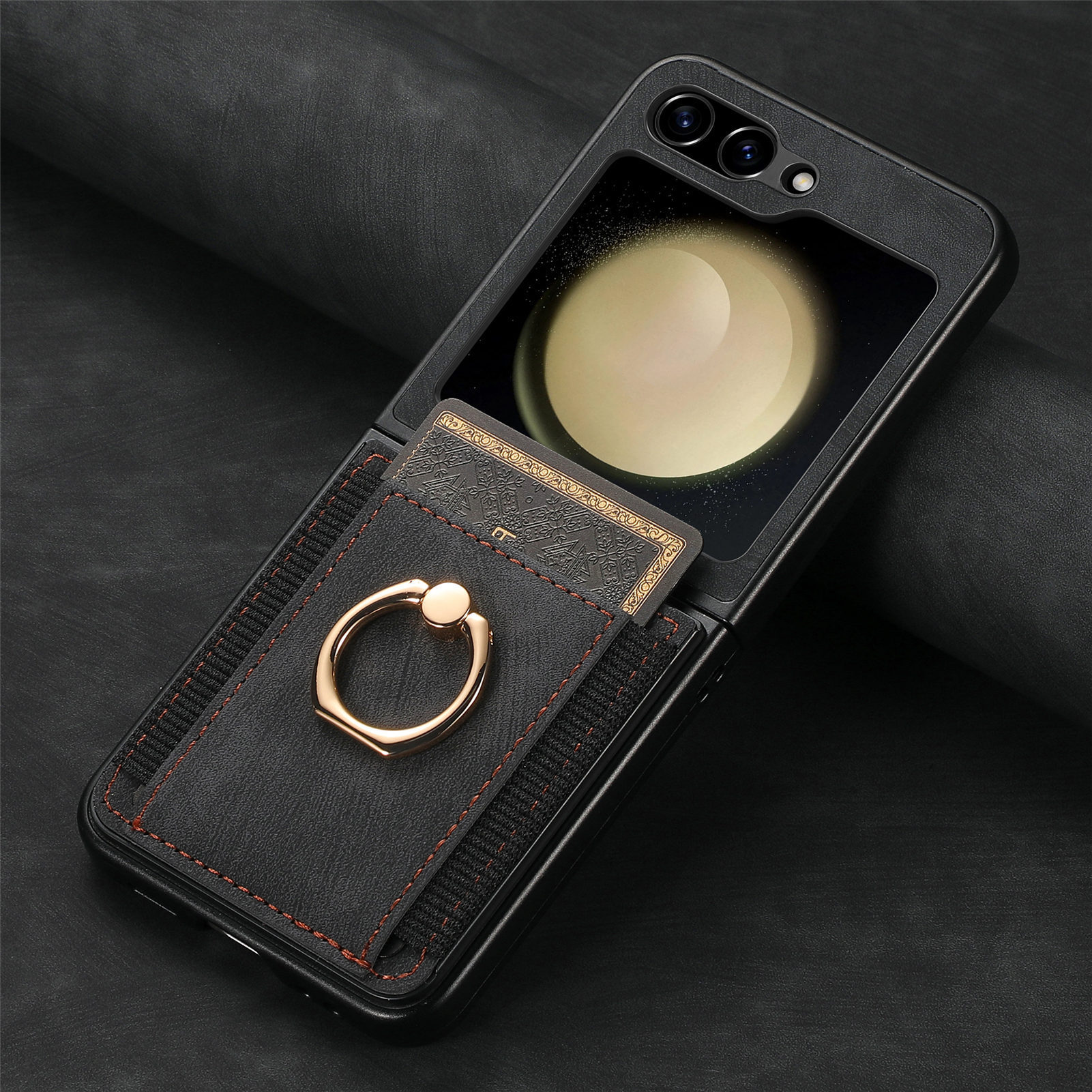 Compatible with Samsung Z Flip 8/7 phone case, 6/5 SIM card holder, ring holder, vegan leather, 4/3 shockproof protective case