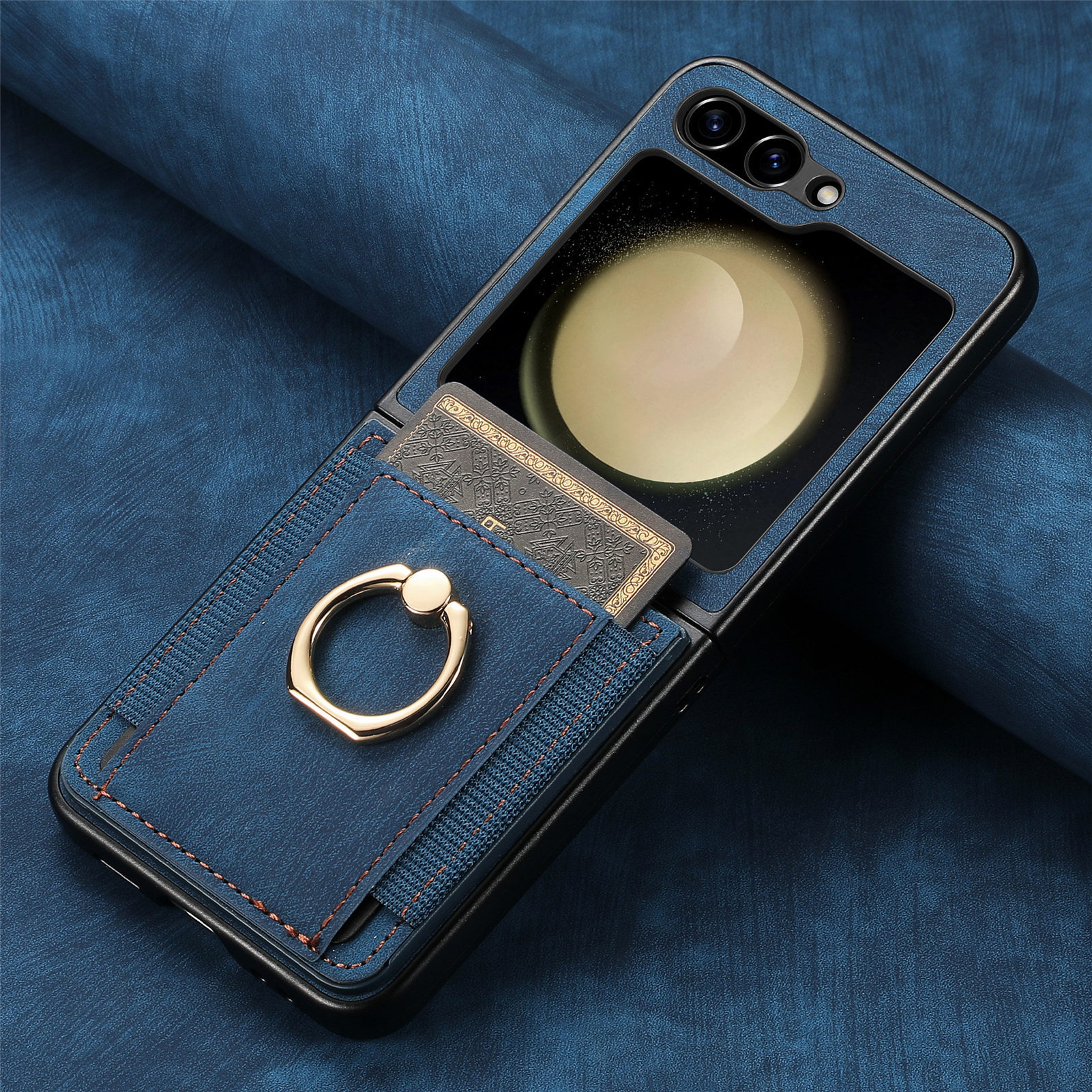 Compatible with Samsung Z Flip 8/7 phone case, 6/5 SIM card holder, ring holder, vegan leather, 4/3 shockproof protective case