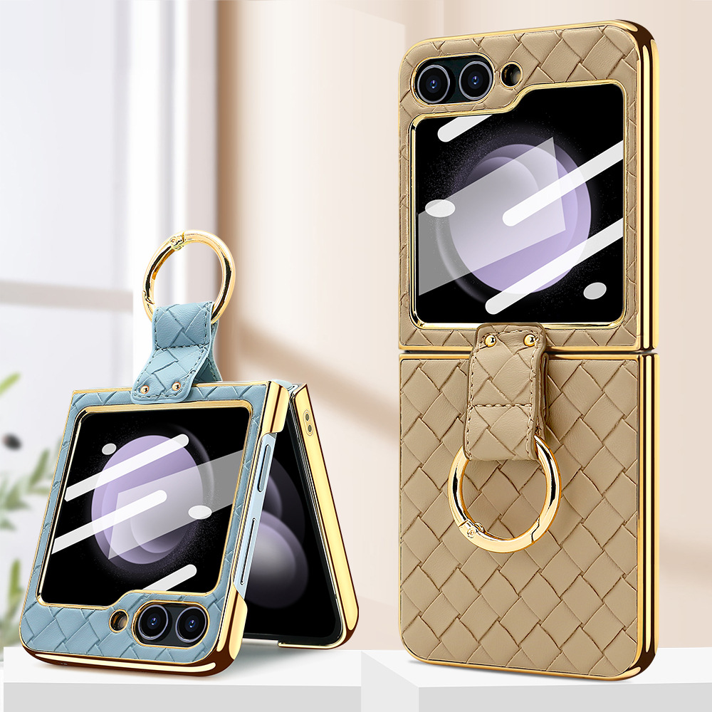 Compatible with Samsung Z Flip 7/6/5 phone case, electroplated woven texture ring holder case, 3/4 drop-proof protective case