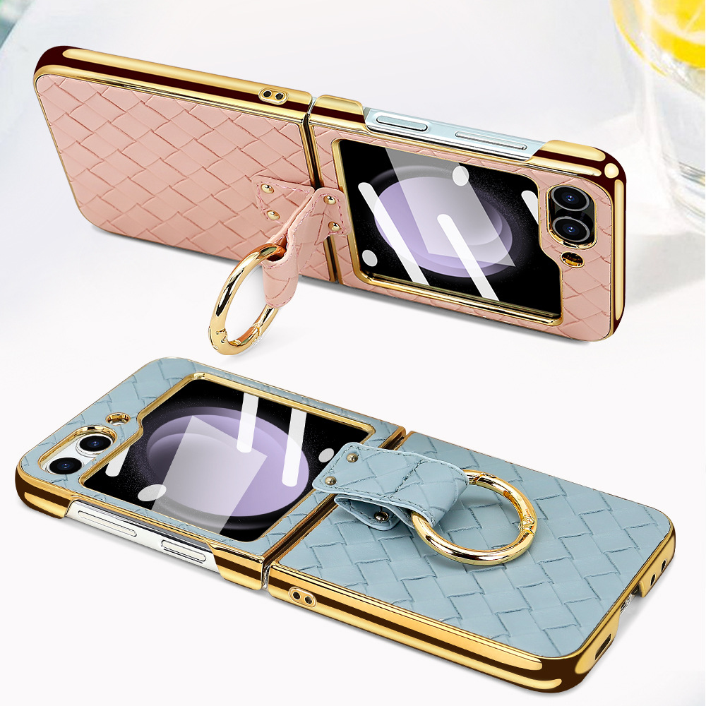 Compatible with Samsung Z Flip 7/6/5 phone case, electroplated woven texture ring holder case, 3/4 drop-proof protective case