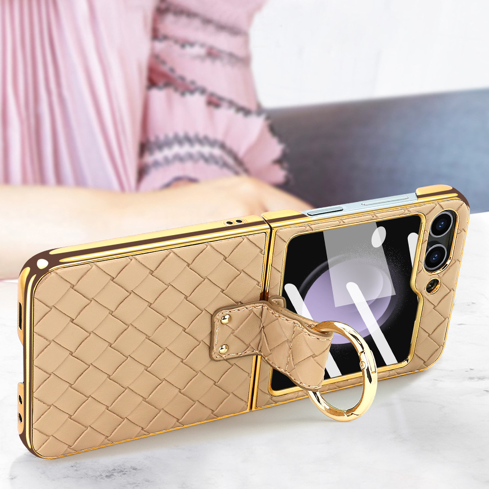 Compatible with Samsung Z Flip 7/6/5 phone case, electroplated woven texture ring holder case, 3/4 drop-proof protective case