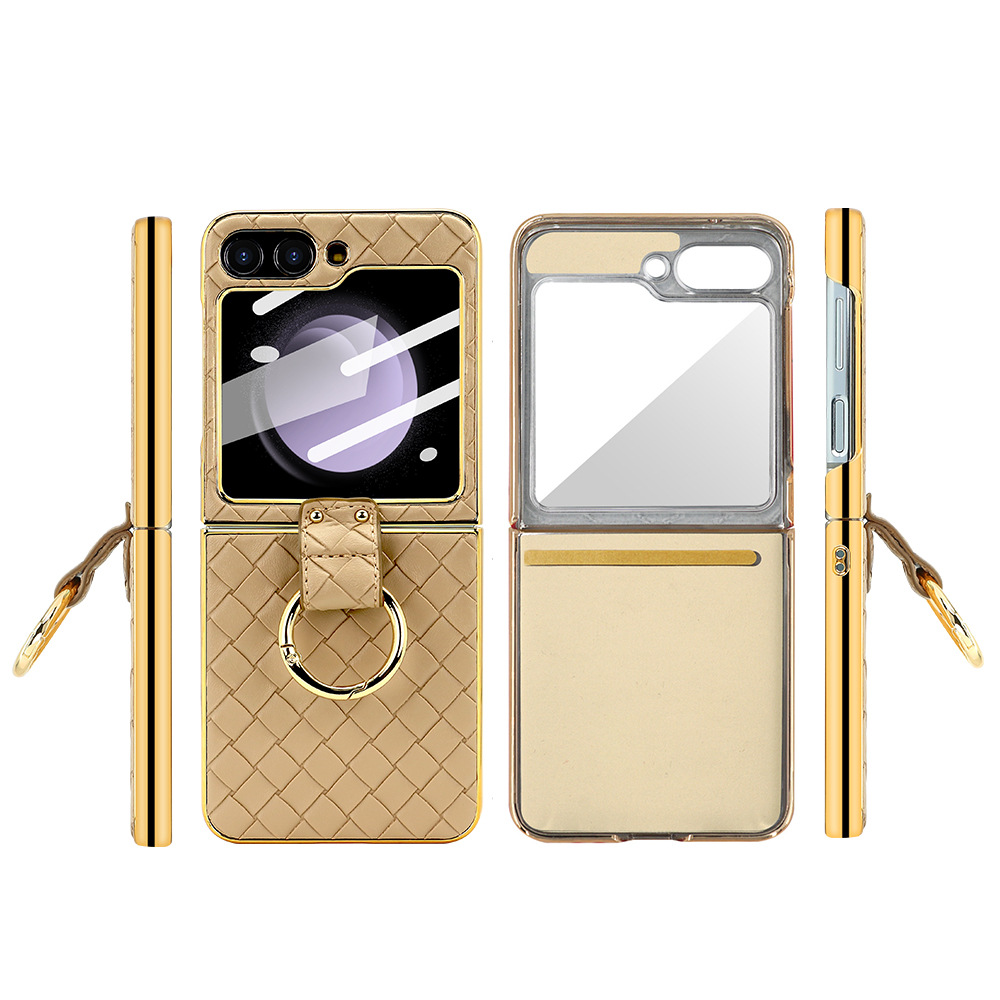 Compatible with Samsung Z Flip 7/6/5 phone case, electroplated woven texture ring holder case, 3/4 drop-proof protective case