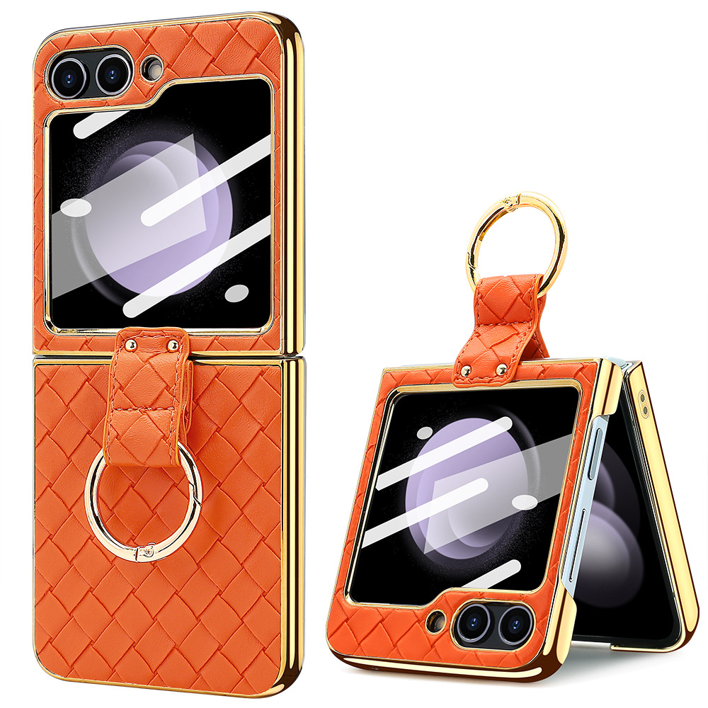 Compatible with Samsung Z Flip 7/6/5 phone case, electroplated woven texture ring holder case, 3/4 drop-proof protective case