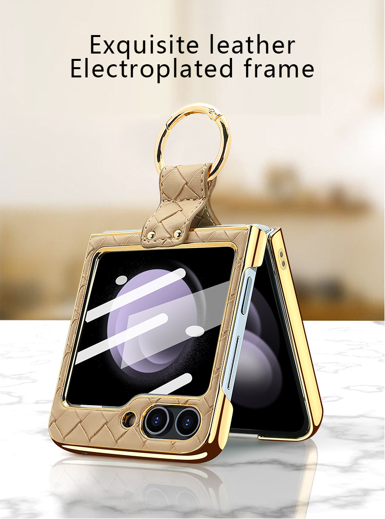 Compatible with Samsung Z Flip 7/6/5 phone case, electroplated woven texture ring holder case, 3/4 drop-proof protective case