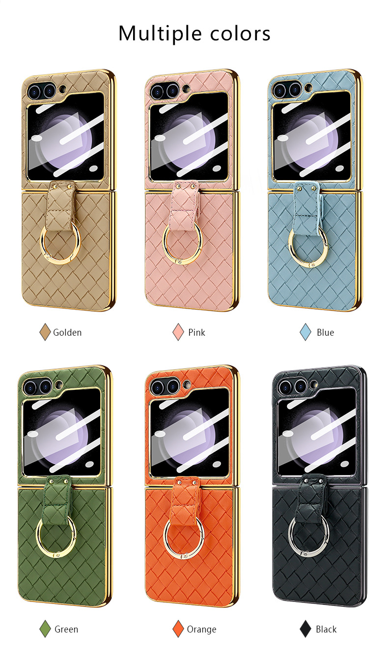 Compatible with Samsung Z Flip 7/6/5 phone case, electroplated woven texture ring holder case, 3/4 drop-proof protective case
