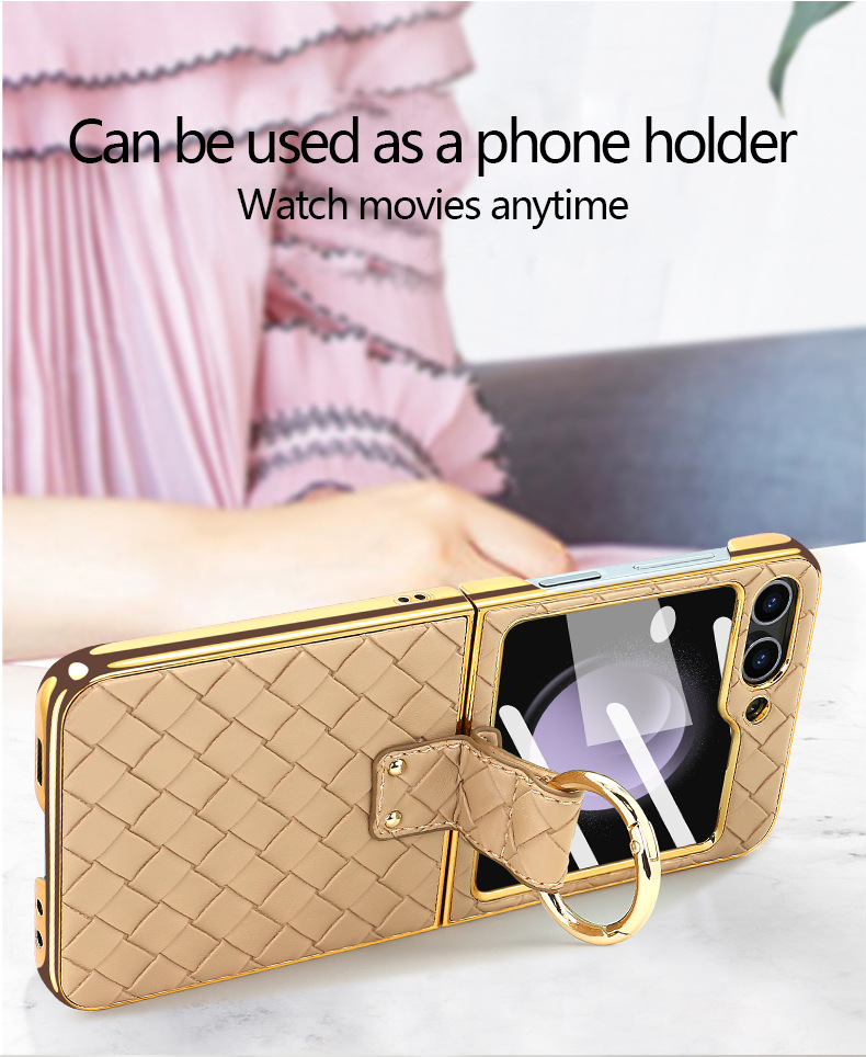 Compatible with Samsung Z Flip 7/6/5 phone case, electroplated woven texture ring holder case, 3/4 drop-proof protective case