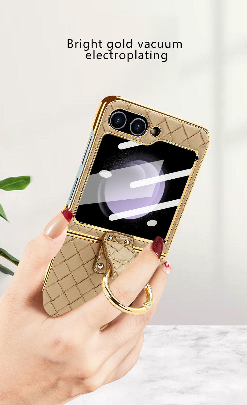Compatible with Samsung Z Flip 7/6/5 phone case, electroplated woven texture ring holder case, 3/4 drop-proof protective case