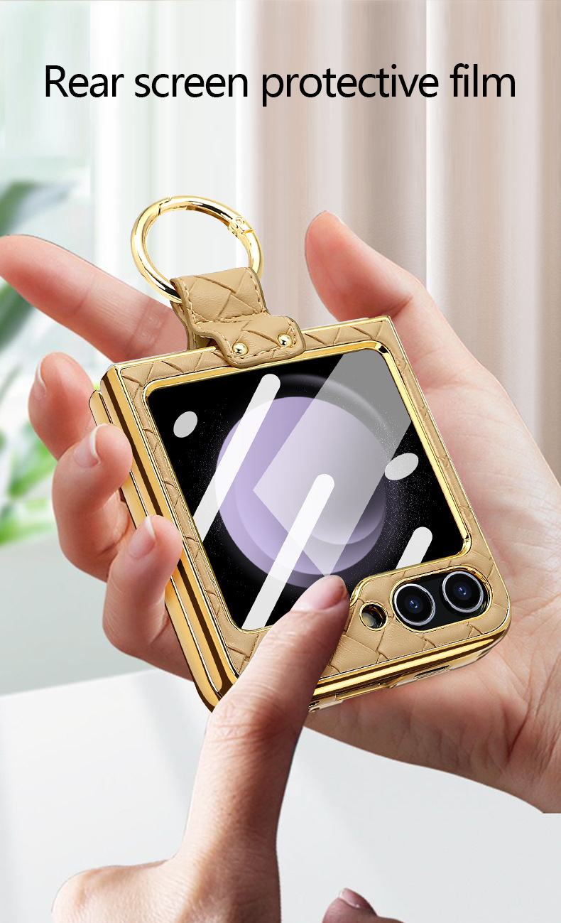 Compatible with Samsung Z Flip 7/6/5 phone case, electroplated woven texture ring holder case, 3/4 drop-proof protective case