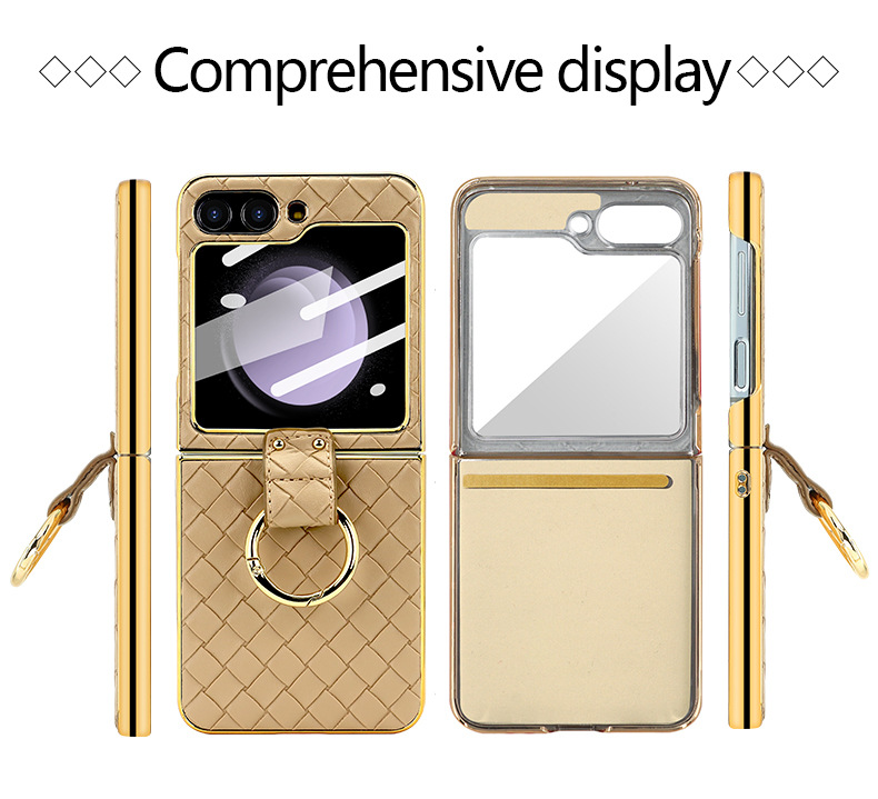 Compatible with Samsung Z Flip 7/6/5 phone case, electroplated woven texture ring holder case, 3/4 drop-proof protective case