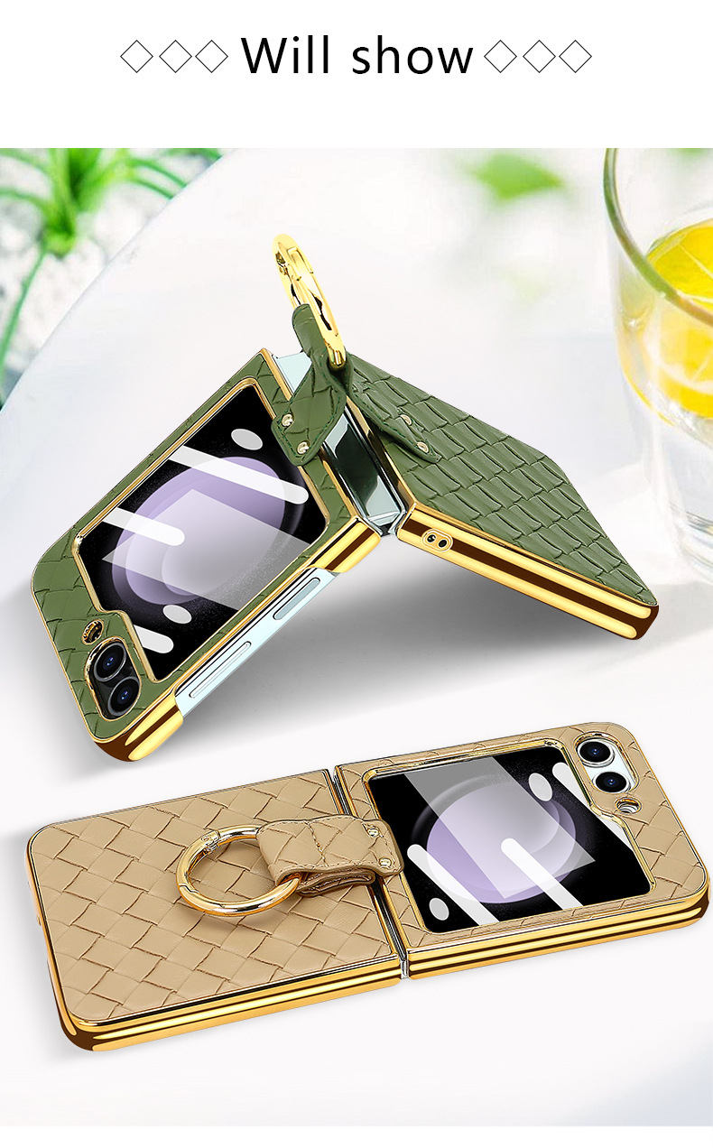 Compatible with Samsung Z Flip 7/6/5 phone case, electroplated woven texture ring holder case, 3/4 drop-proof protective case