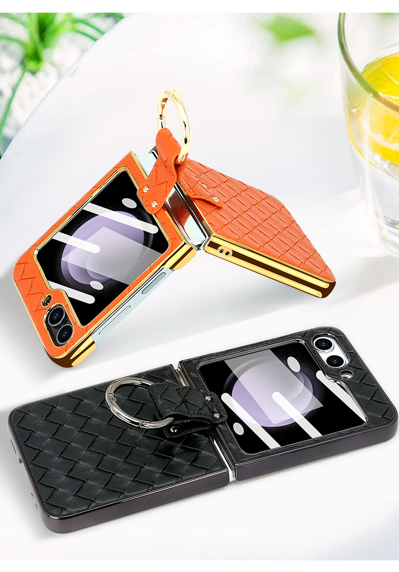 Compatible with Samsung Z Flip 7/6/5 phone case, electroplated woven texture ring holder case, 3/4 drop-proof protective case