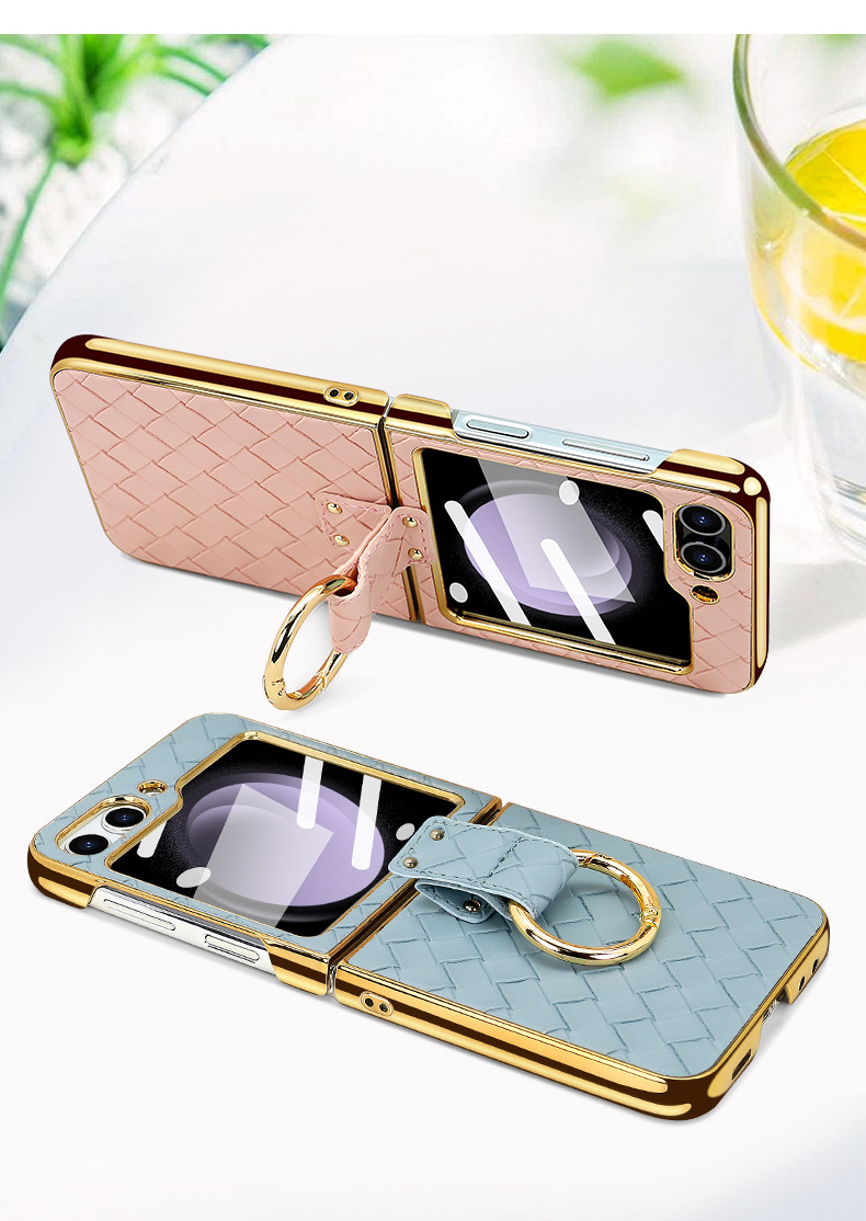 Compatible with Samsung Z Flip 7/6/5 phone case, electroplated woven texture ring holder case, 3/4 drop-proof protective case