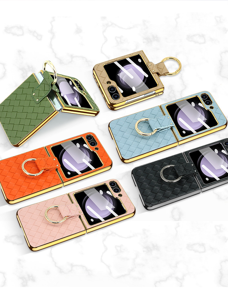 Compatible with Samsung Z Flip 7/6/5 phone case, electroplated woven texture ring holder case, 3/4 drop-proof protective case