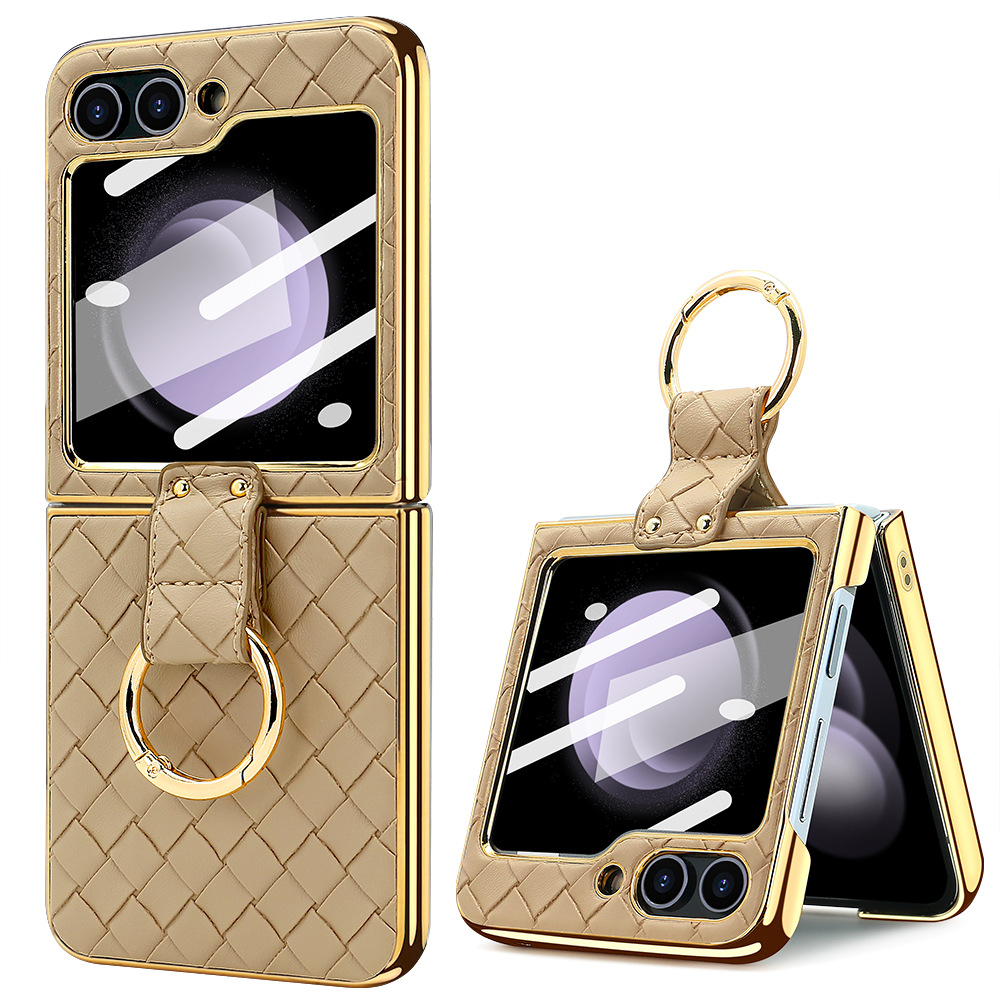 Compatible with Samsung Z Flip 7/6/5 phone case, electroplated woven texture ring holder case, 3/4 drop-proof protective case