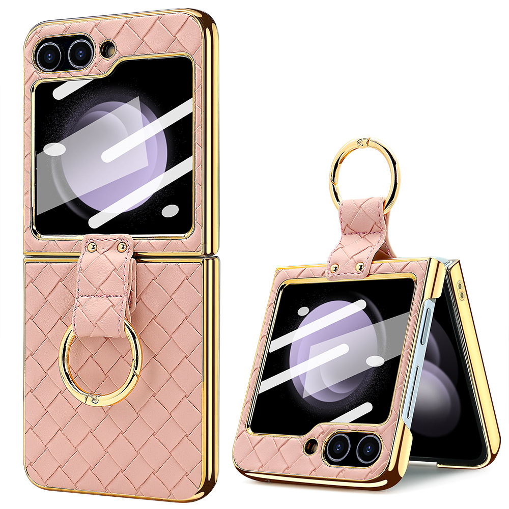 Compatible with Samsung Z Flip 7/6/5 phone case, electroplated woven texture ring holder case, 3/4 drop-proof protective case
