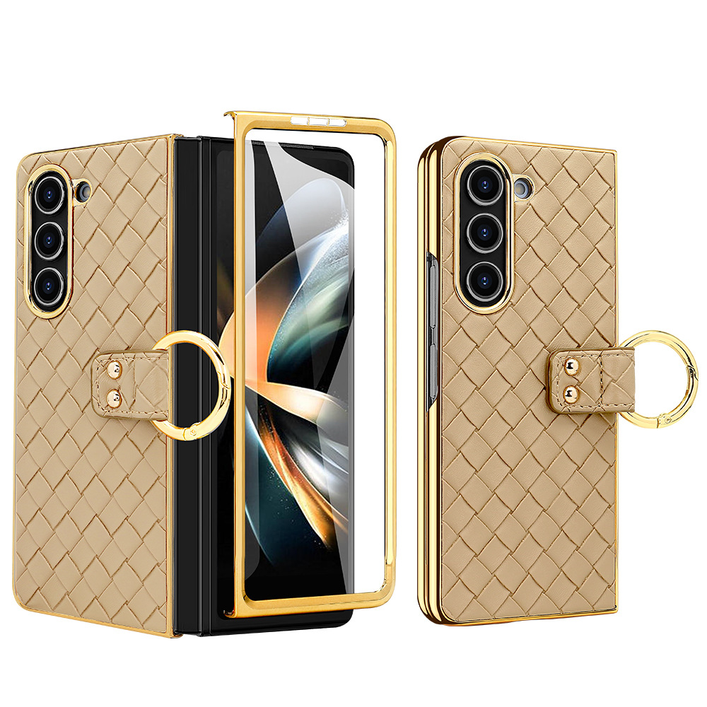 Compatible with Samsung Z Flip 7/6/5 phone case, electroplated woven texture ring holder case, 3/4 drop-proof protective case
