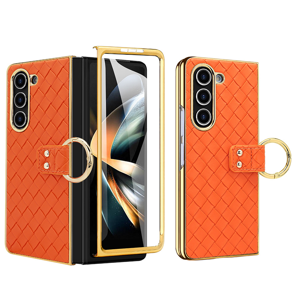Compatible with Samsung Z Flip 7/6/5 phone case, electroplated woven texture ring holder case, 3/4 drop-proof protective case