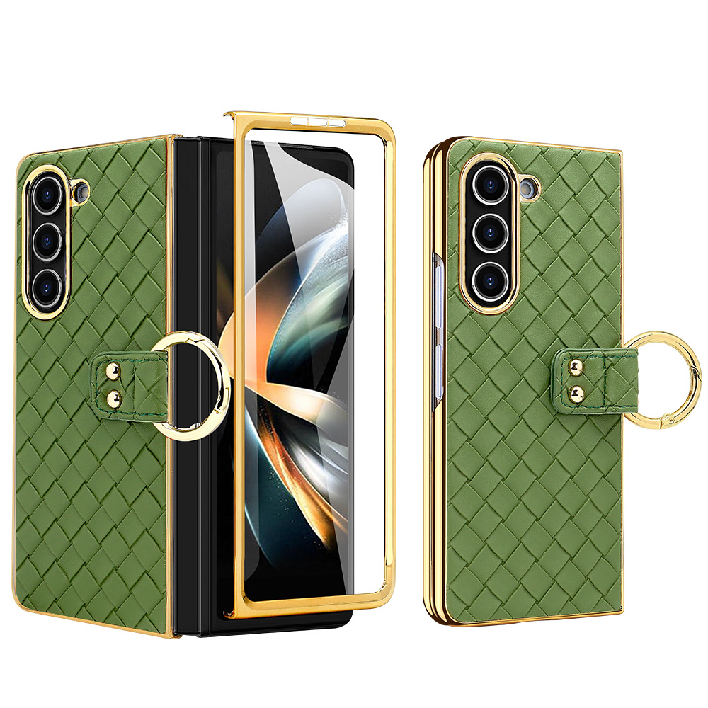 Compatible with Samsung Z Flip 7/6/5 phone case, electroplated woven texture ring holder case, 3/4 drop-proof protective case