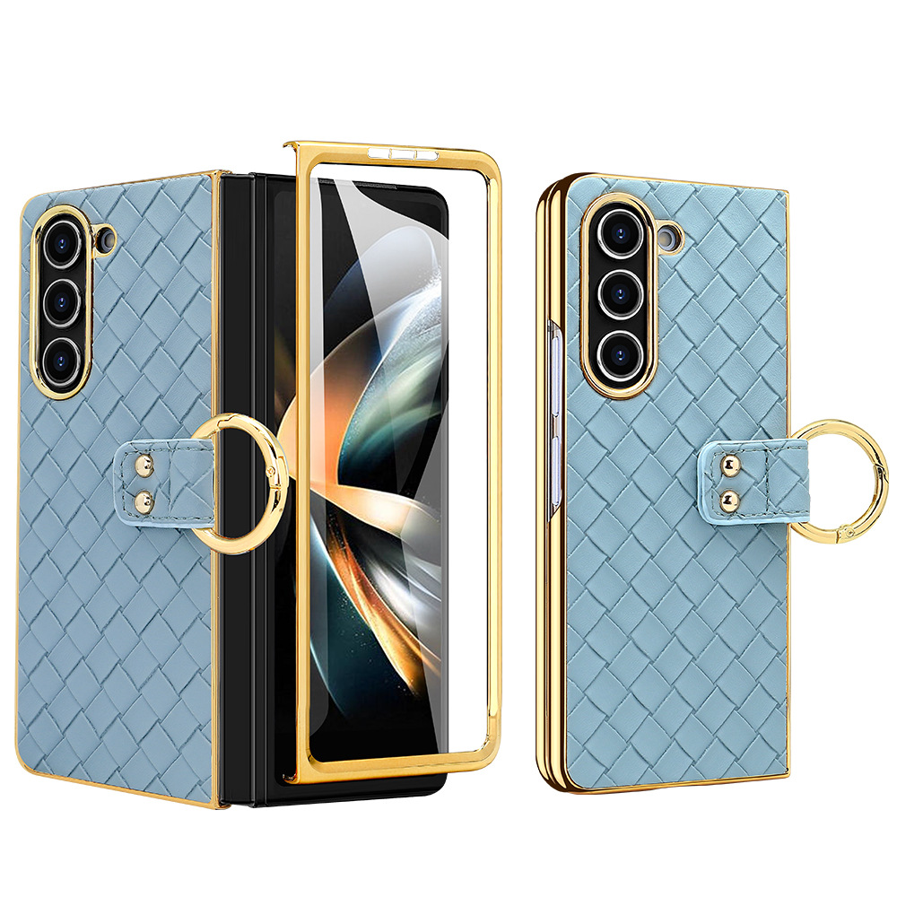 Compatible with Samsung Z Flip 7/6/5 phone case, electroplated woven texture ring holder case, 3/4 drop-proof protective case