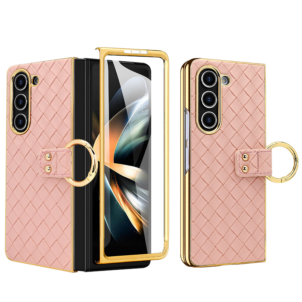 Compatible with Samsung Z Flip 7/6/5 phone case, electroplated woven texture ring holder case, 3/4 drop-proof protective case